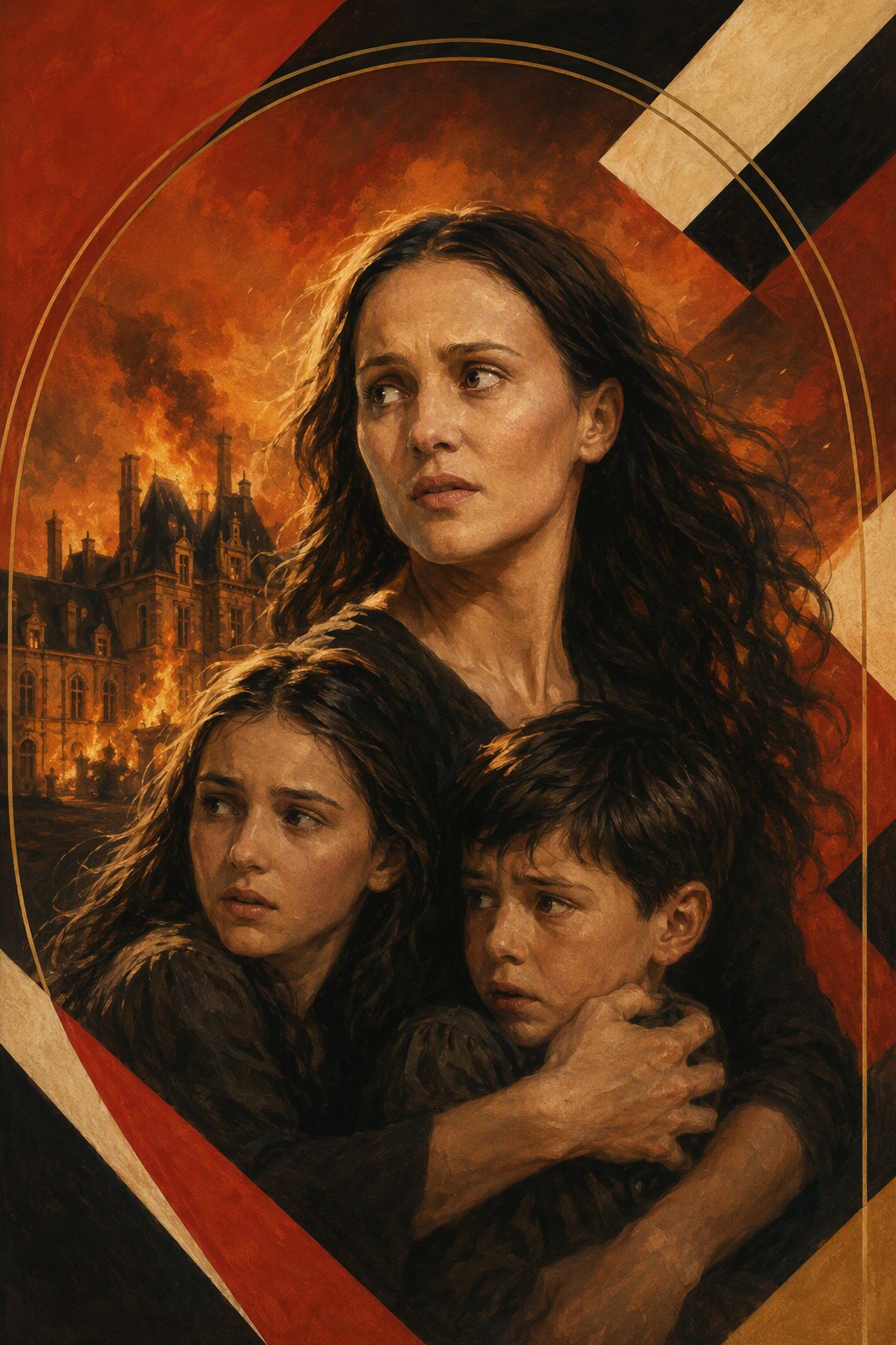 Painted concept poster of Marie sheltering her two children, with an estate burning behind them
