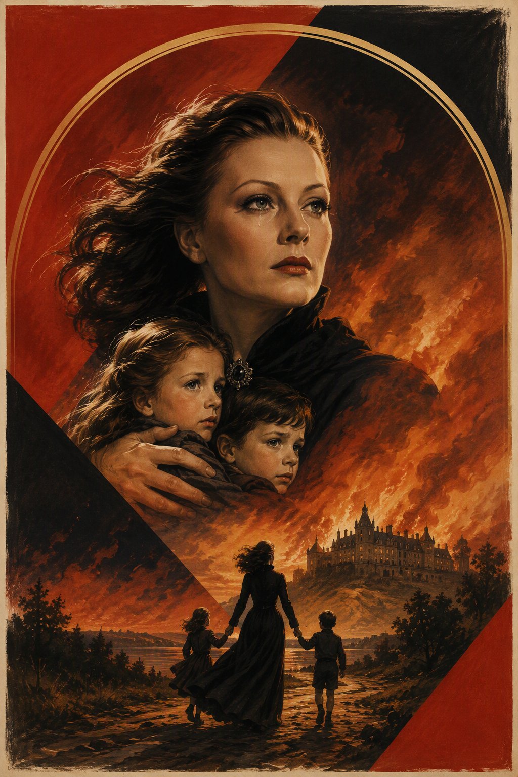 Cinematic concept painting of Marie and her children travelling towards the estate